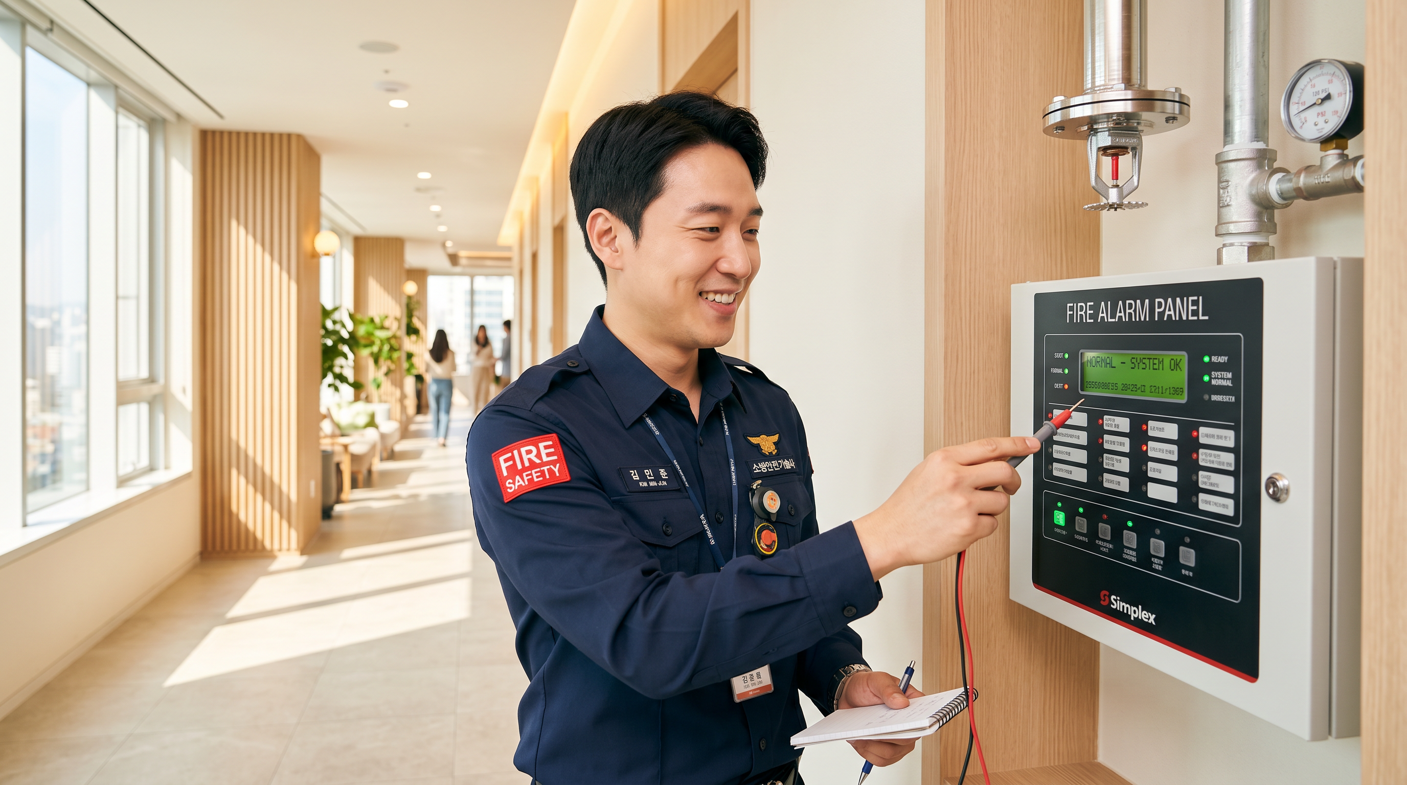 밝은 실내에서 웃으며 소방설비를 점검하는 기술자